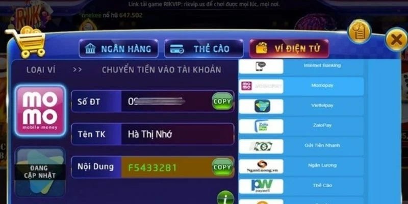 Chuyển nhanh qua ví momo tại Rikvip