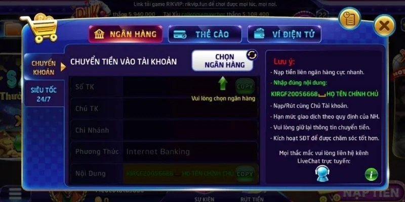 Thanh toán đơn giản qua banking Rikvip